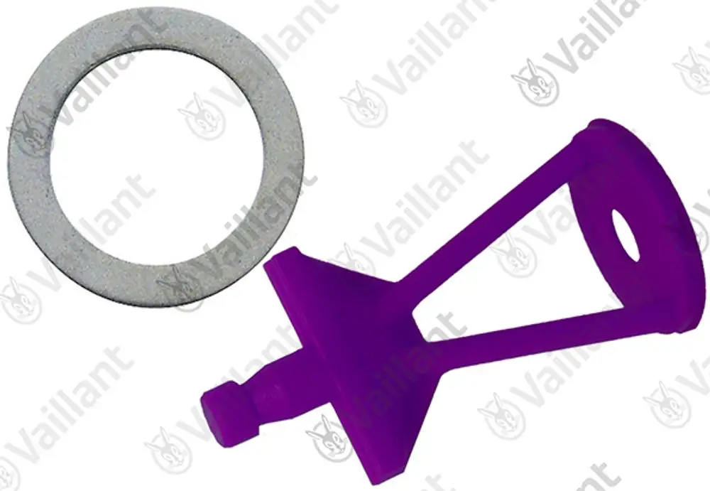 Vaillant-Vordüse in Signalviolett, kombiniert mit einem grauen Dichtungsring, für den Einsatz in Heiz- oder Warmwasseranlagen.
